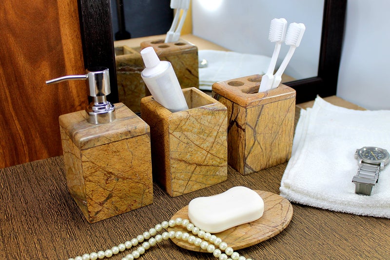 KLEO - Bathroom Accessory Set Made from Natural Stone - Bath Accessories Set of 4 Includes Soap Dispenser, Toothbrush Holder, Tumbler and Soap Dish (Brown) - Image 2